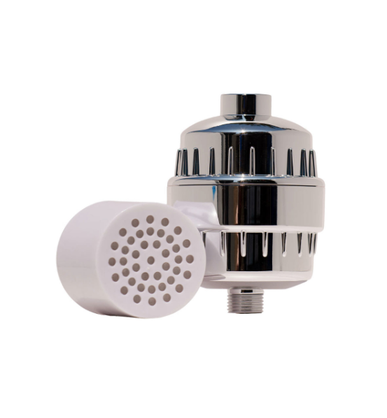A polished chrome shower filter with a detachable shower head attachment, designed to clean water for a safer, more enjoyable shower experience for kids.
